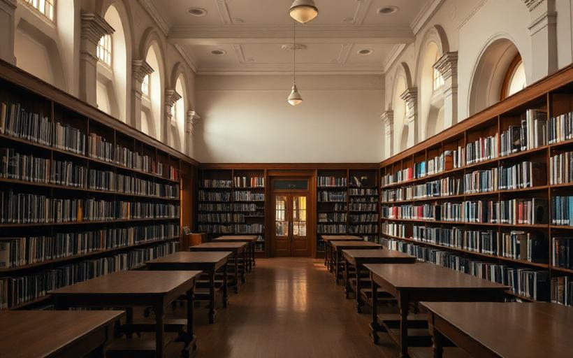 A quiet community library reading room with wooden tables and shelves of books